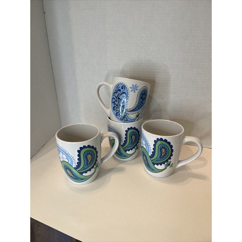 Set of 4 Royal Norfolk Coffee Mugs Floral Paisley Print‎ - Blue & Green 12 oz